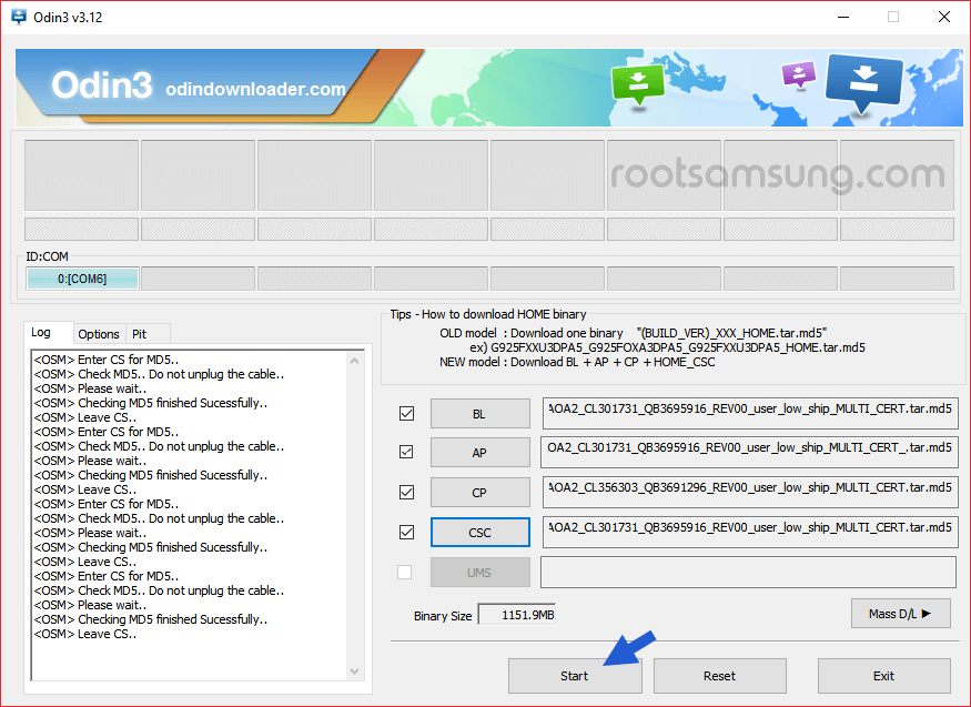 odin start firmware flashing